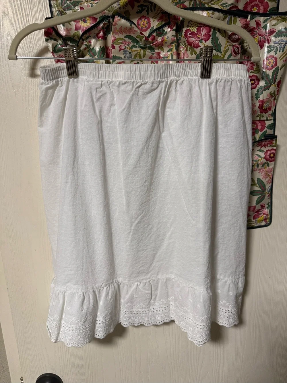 White Mini Slip Skirt with Eyelet Ruffle Hem